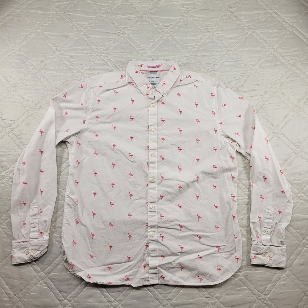 Denim & Flower slim fit long sleeve white dress shirt w/ Pink Flamingos size XL